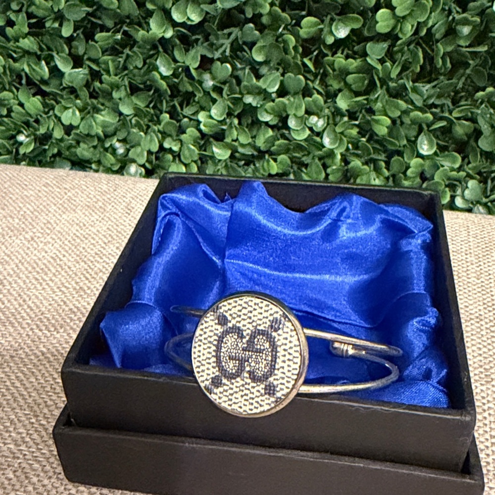 Silver tone  Bracelet with re-purposed Gucci material